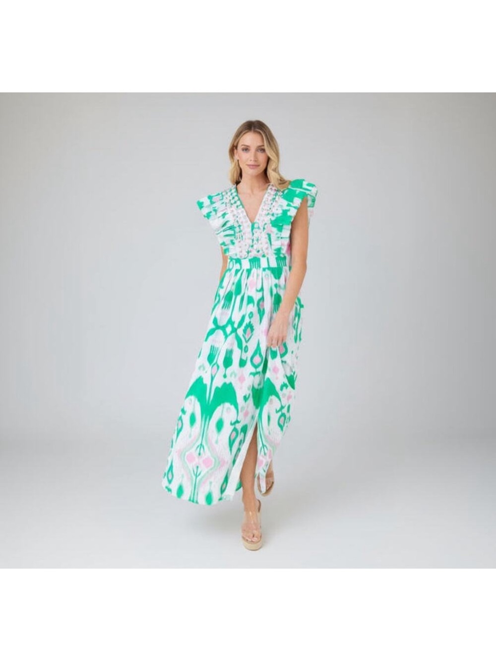 Green and White Printed Maxi Dress with Pink Accents